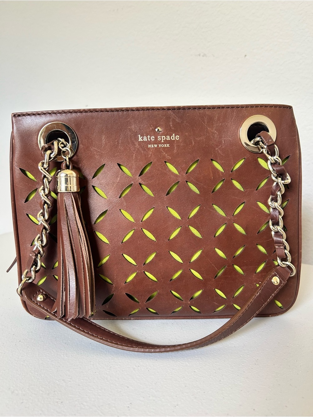 kate spade Brown Leather Shoulder Bag with Green Cutouts and Tassel